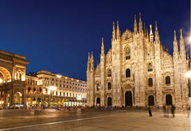 Milan Cathedral at night, panorama including Vittorio Emmanuele II gallery.