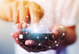 Man hand holding mobile phone with map point, Social network business connection concept