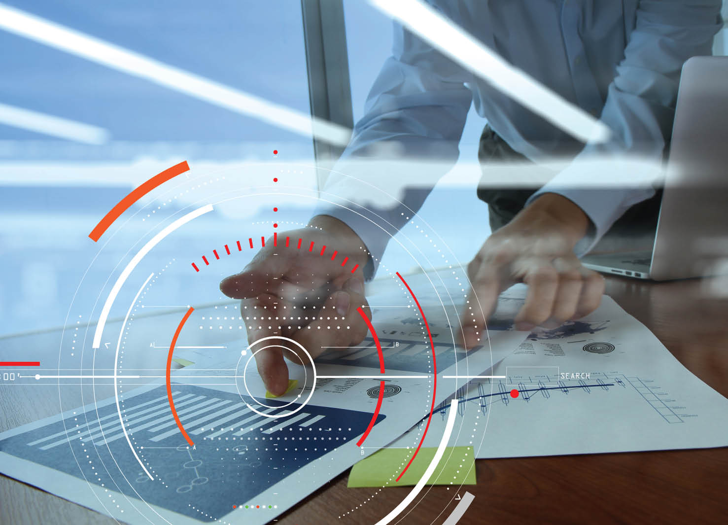double exposure of businessman hand working with business documents on office table with laptop computer with social media diagram