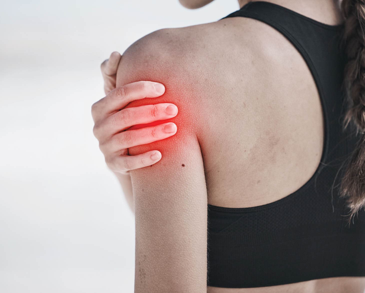 Woman, shoulder pain and exercise injury, red overlay and workout outdoor, fibromyalgia and back muscle tension. Arthritis, arm ache and inflammation, female athlete and medical problem with fitness.